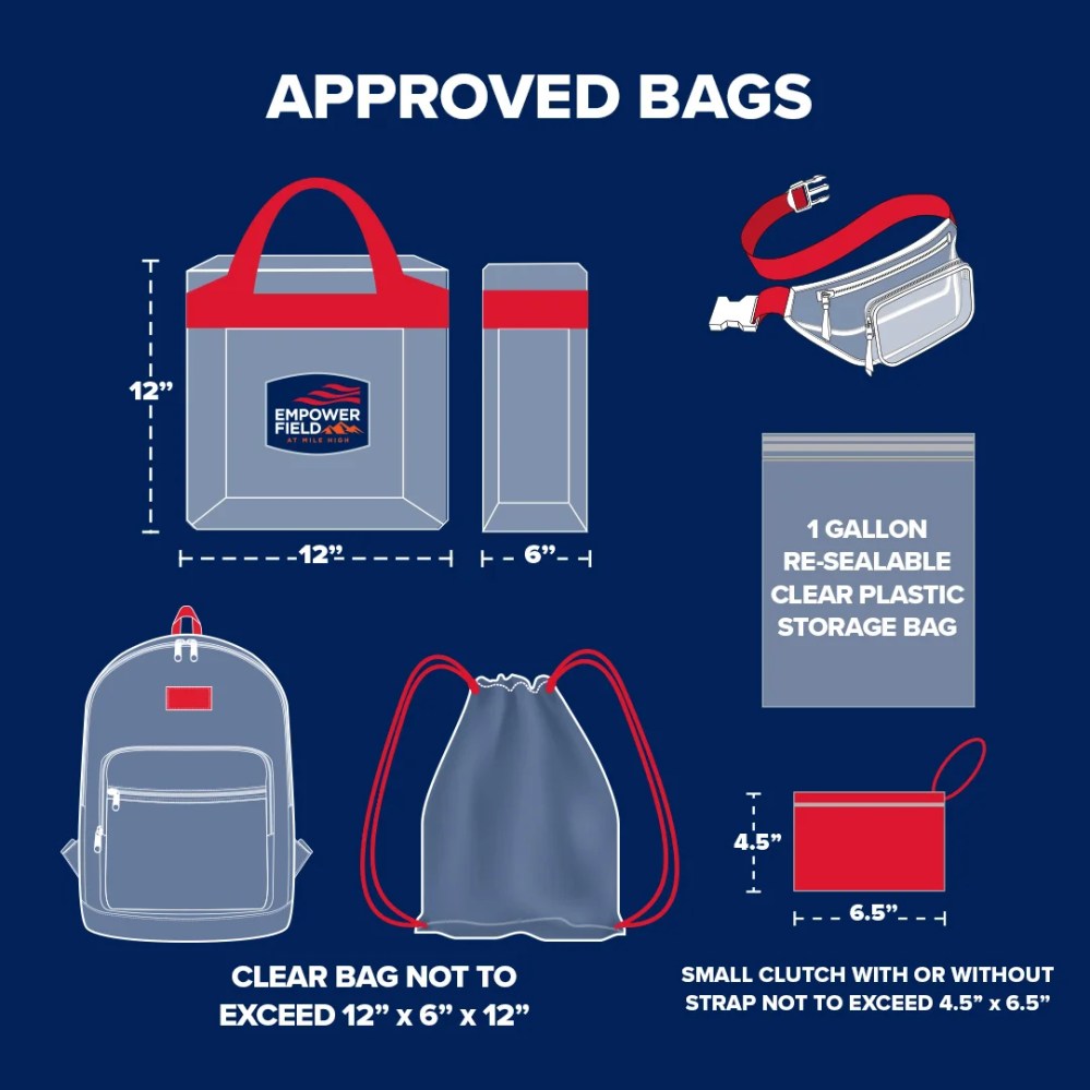 Diagram of approved bag sizes for a venue, including clear totes, backpacks, and small clutches.
